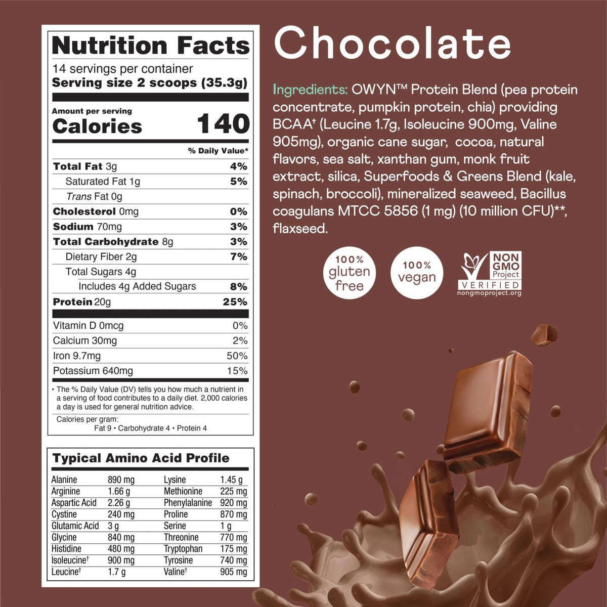 OWYN 20g Plant-Based Protein Powder - Dark Chocolate (CLEARANCE: Best by April 30, 2024)