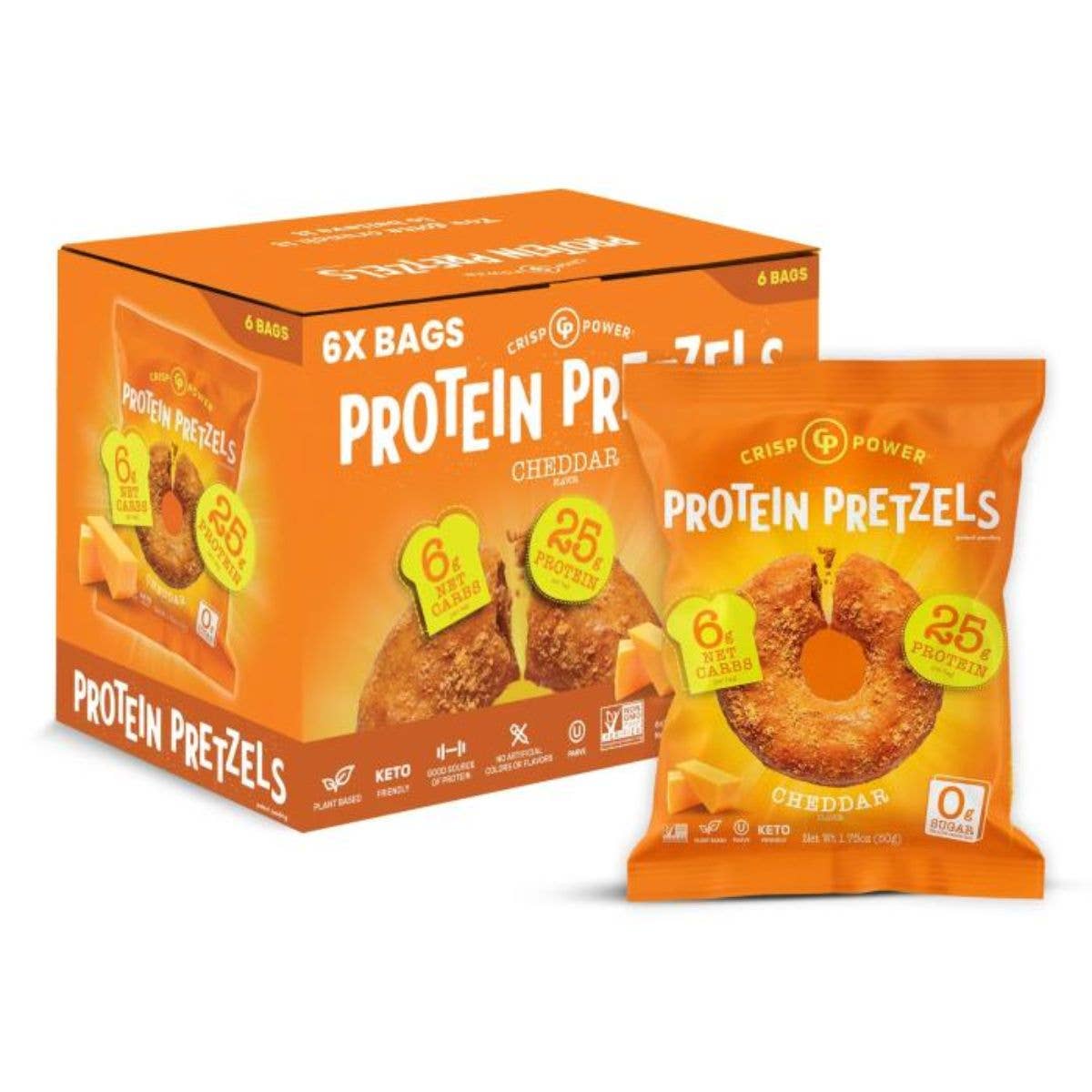 Front package of Protein Pretzels by Crisp Power, Cheddar / 6-Pack