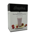A box of Inspire Strawberry Meal Replacement Drink Mix features a glass of pink drink on a yellow plate, surrounded by fresh strawberries, highlighting its natural and artificial flavors.