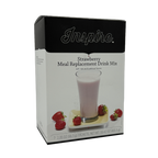 A box of Inspire Strawberry Meal Replacement Drink Mix features a glass of pink drink on a yellow plate, surrounded by fresh strawberries, highlighting its natural and artificial flavors.