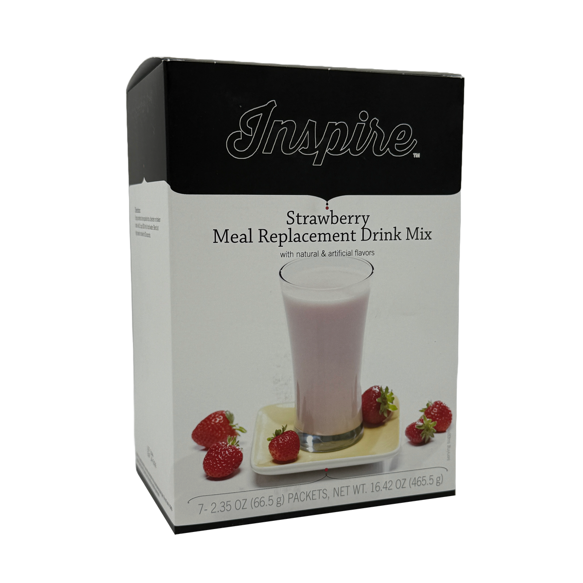 A box of Inspire Strawberry Meal Replacement Drink Mix features a glass of pink drink on a yellow plate, surrounded by fresh strawberries, highlighting its natural and artificial flavors.