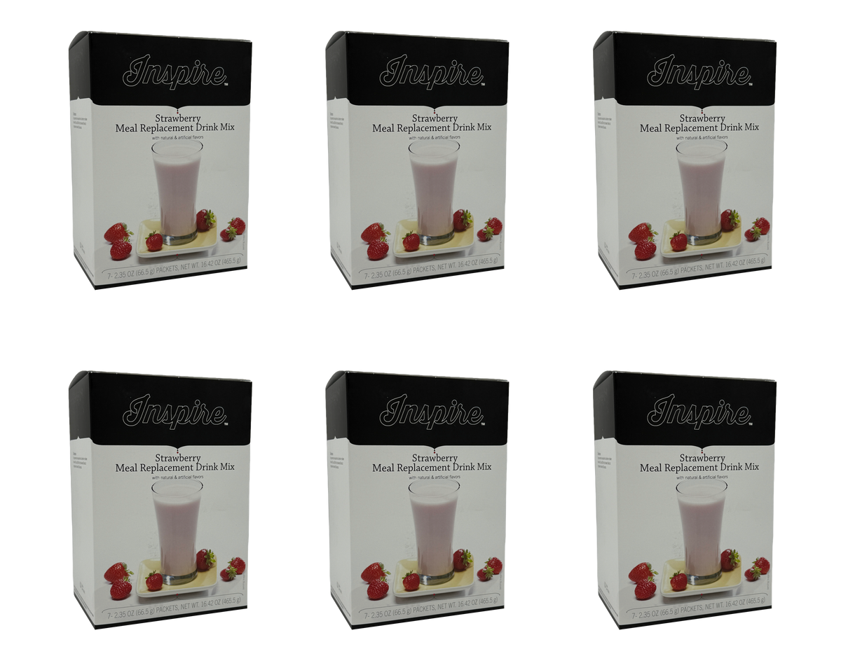 Strawberry meal replacement drink mix in a box, featuring a pink drink in a glass and fresh strawberries, contains six packets, net weight 16.6 oz (465 g).