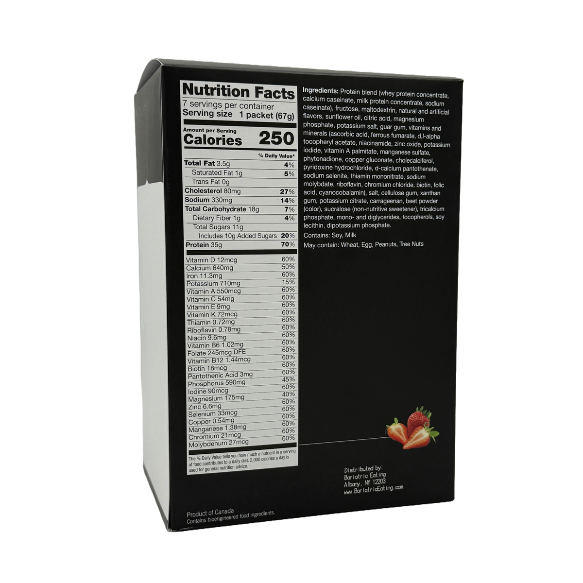 A black nutrition facts label on a product box lists serving size, calories, and detailed ingredient information, including vitamins and allergens like soy, milk, and nuts.