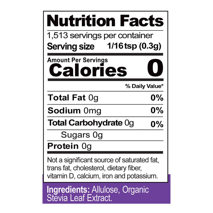 Nutrition facts label displaying serving size, calorie count, and nutrient information, indicating zero calories, fat, sodium, carbohydrates, sugars, and protein, with ingredients listed as Allulose and Stevia Leaf Extract.