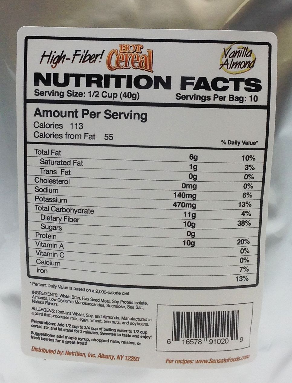 Sensato High Fiber Hot Cereal 14oz - Vanilla Almond