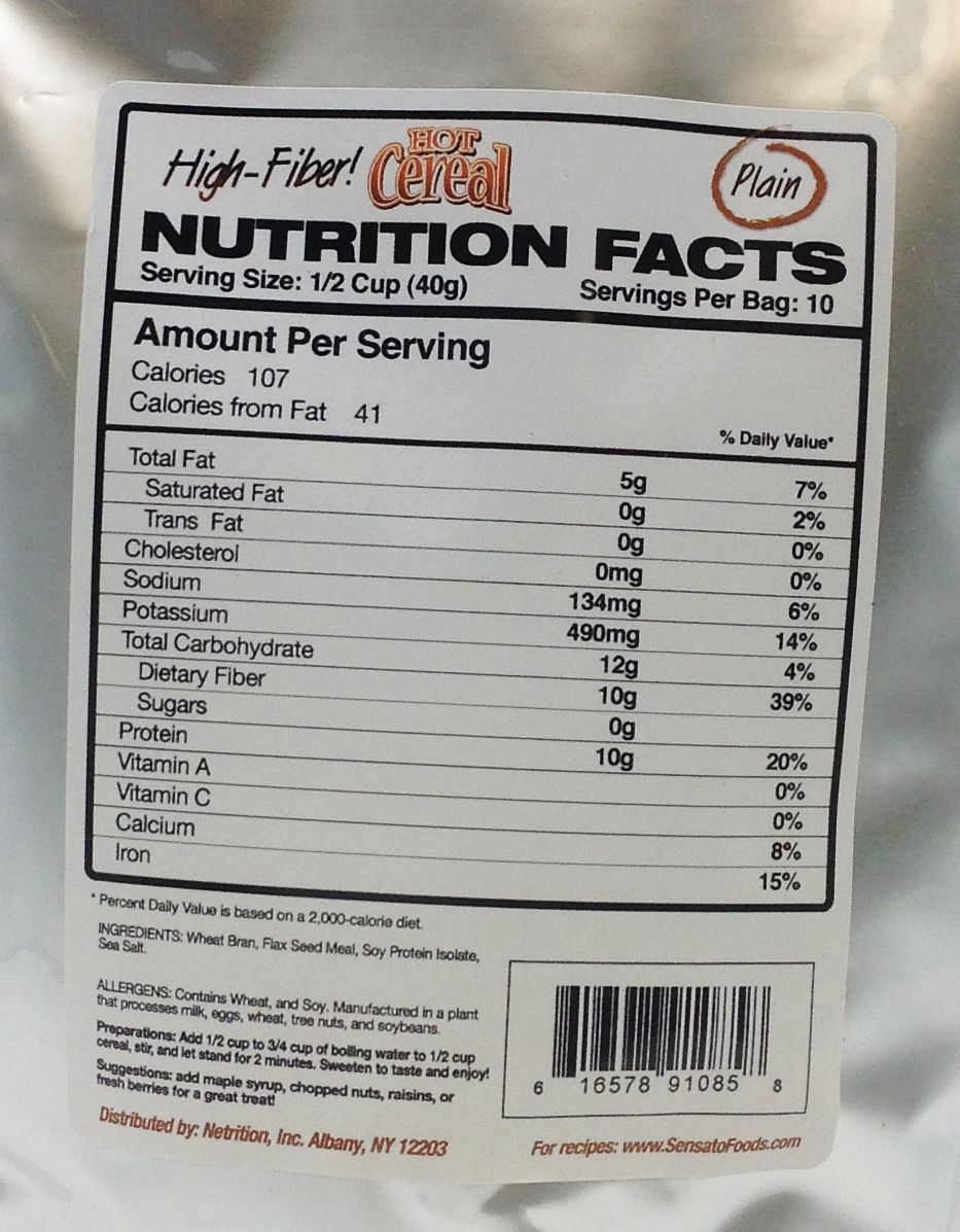 Sensato High Fiber Hot Cereal 14oz - Plain