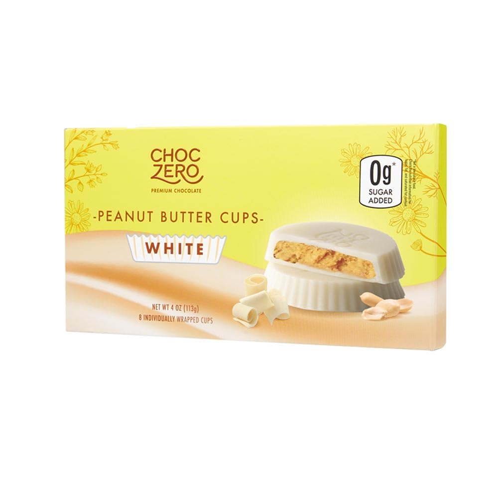 Package information for ChocZero Peanut Butter Cups, 4oz, White Chocolate
