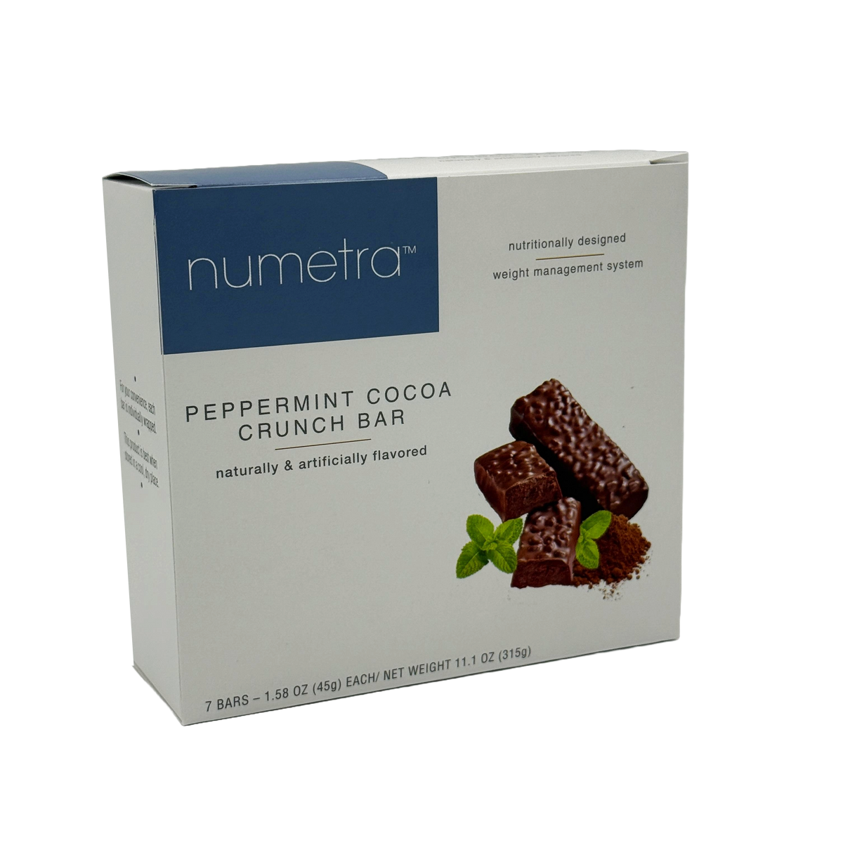 Front package of Numetra 15g Protein Meal Replacement Bar, Peppermint Cocoa Crunch