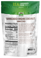 Back of NOW Coconut, Unsweetened Shredded, Organic - 10 oz. packaging
