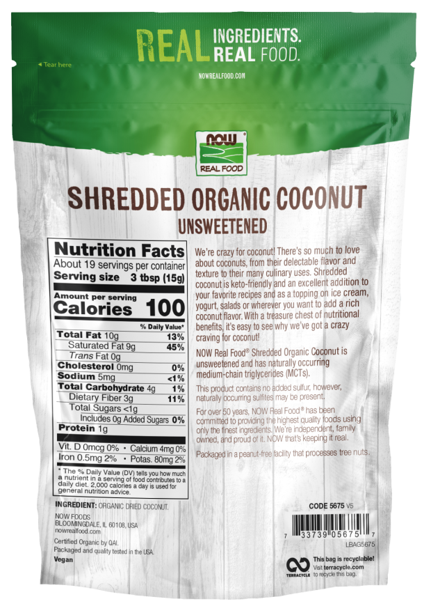 Back of NOW Coconut, Unsweetened Shredded, Organic - 10 oz. packaging