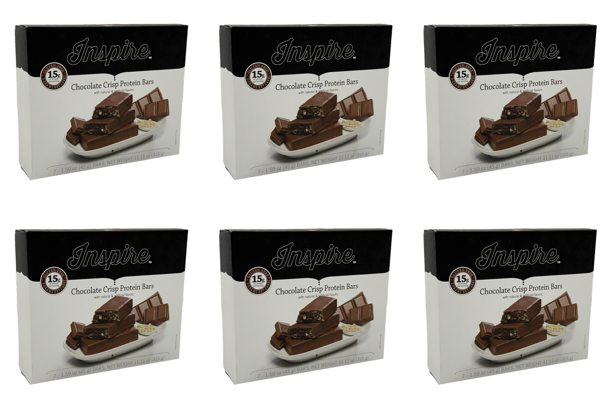 Six boxes of Inspire Chocolate Crisp Protein Bars are displayed, each featuring a photo of the bars on a plate with a small bowl of white ingredients, highlighting the product's nutritional benefits.