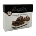 A box of Inspire Chocolate Crisp Protein Bars sits on a white plate, showcasing three bars with a bite taken out, highlighting the gluten-free label and nutritional information on the packaging.