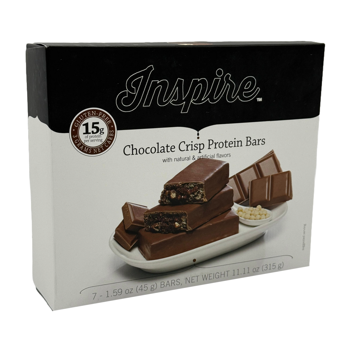 A box of Inspire Chocolate Crisp Protein Bars sits on a white plate, showcasing three bars with a bite taken out, highlighting the gluten-free label and nutritional information on the packaging.