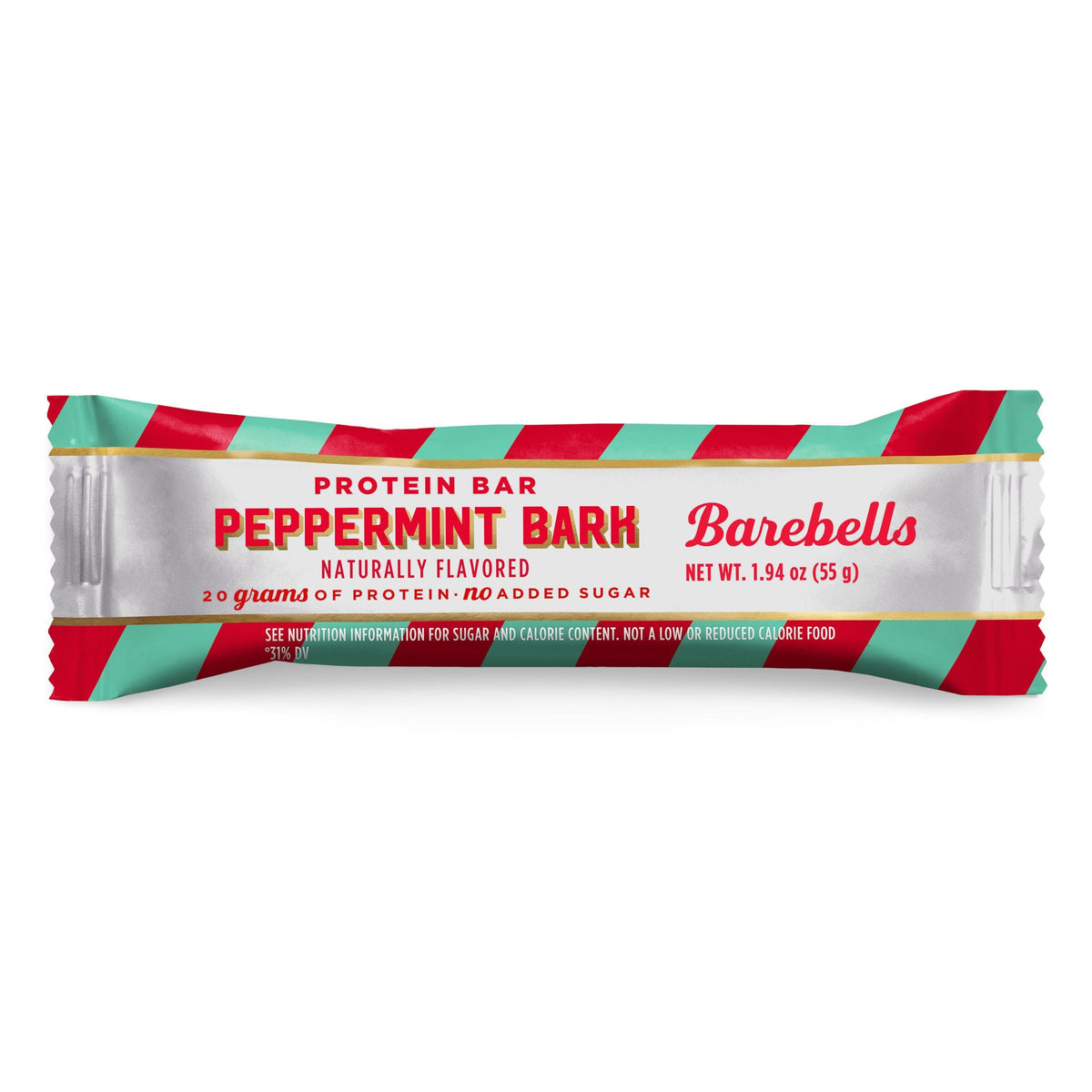 Front package of Barebells Protein Bars, Peppermint Bark (Seasonal) / One Bar.