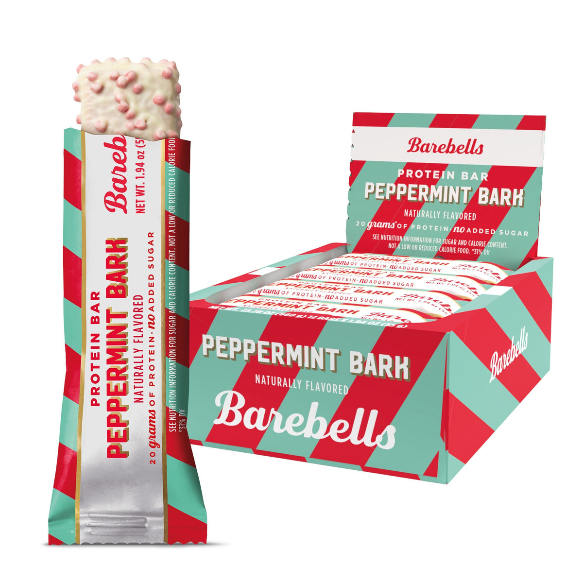 Front package of Barebells Protein Bars, Peppermint Bark (Seasonal) / 12-Pack.
