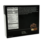 A black nutrition facts label on a protein bar box displays serving size, calories, and ingredients, alongside pieces of chocolate and nuts, highlighting its nutritional content and flavors.