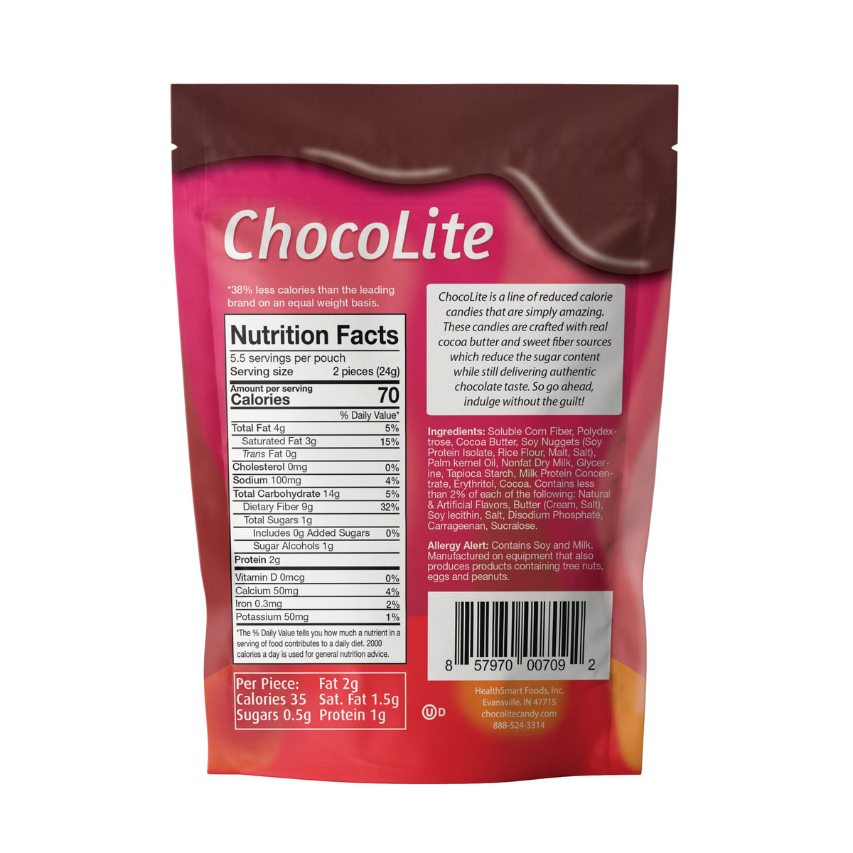 Back of the 11-piece ChocoLite Caramel Crispy pouch showing the Nutrition Facts and ingredients.