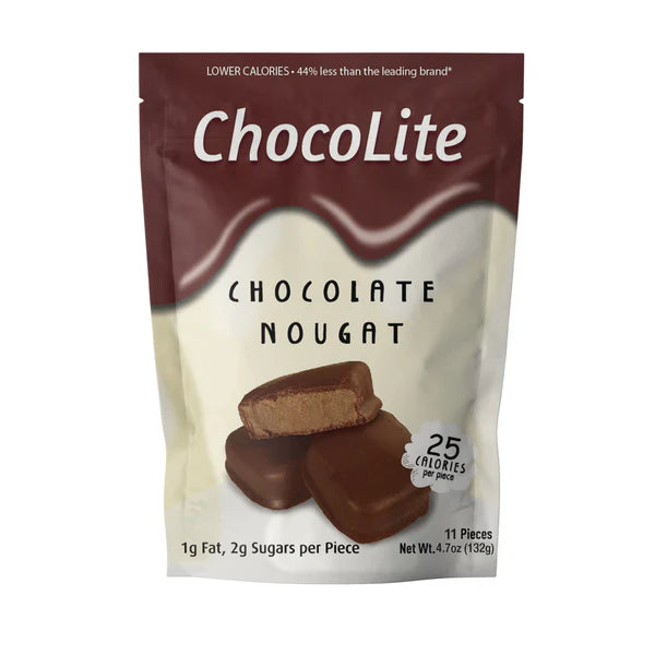 Front of an 11-piece ChocoLite Chocolate Nougat pouch.
