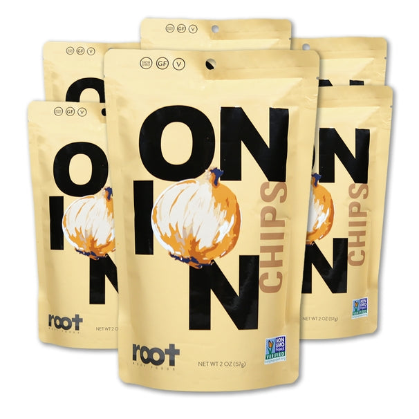 Front package of Root Foods Veggie Chips, Onion, 2.5 oz / 6-Pack