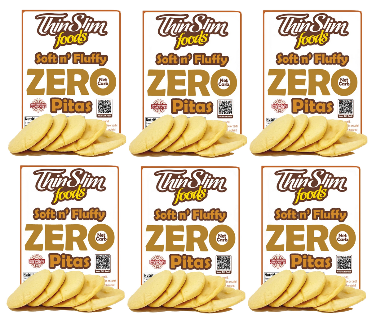 Six ThinSlim Foods Soft n' Fluffy Zero Net Carb Pitas labels with pita bread.