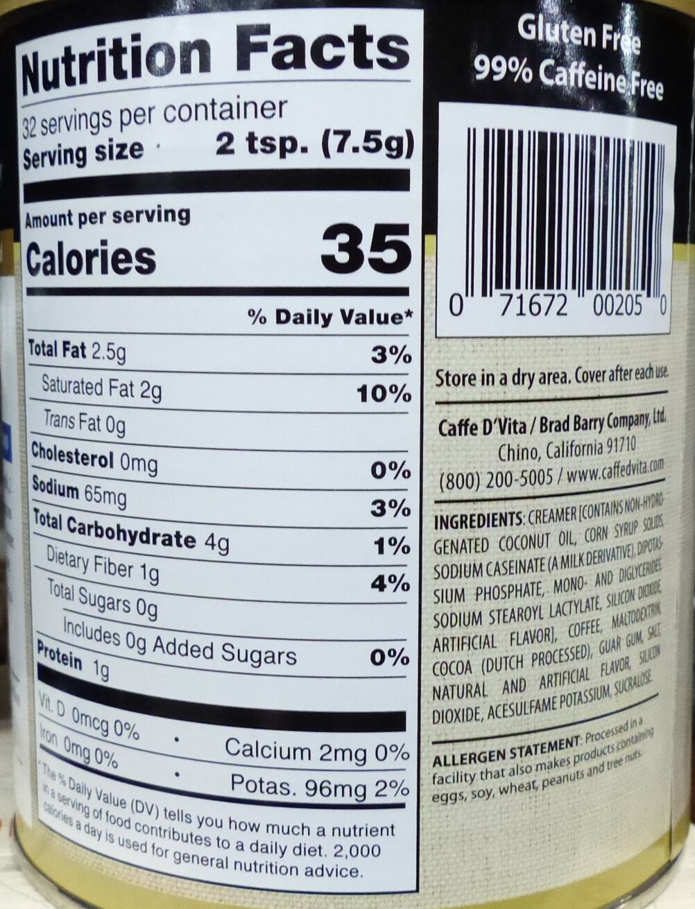 Caffe D'Vita Sugar Free Premium Instant Cappuccino - Mocha 8.5 oz.