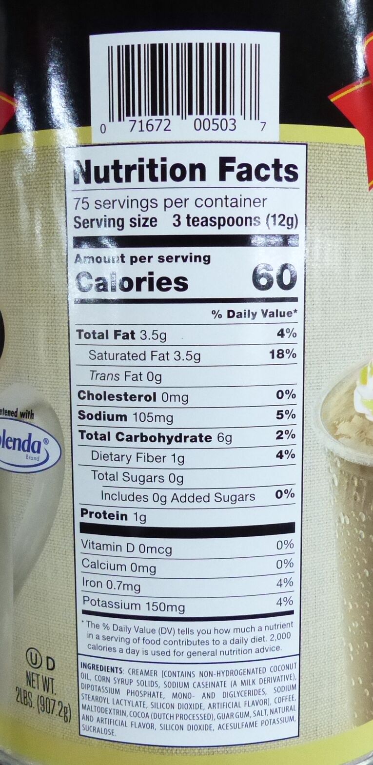 Caffe D'Vita Sugar Free Premium Instant Cappuccino - Mocha 2 lb
