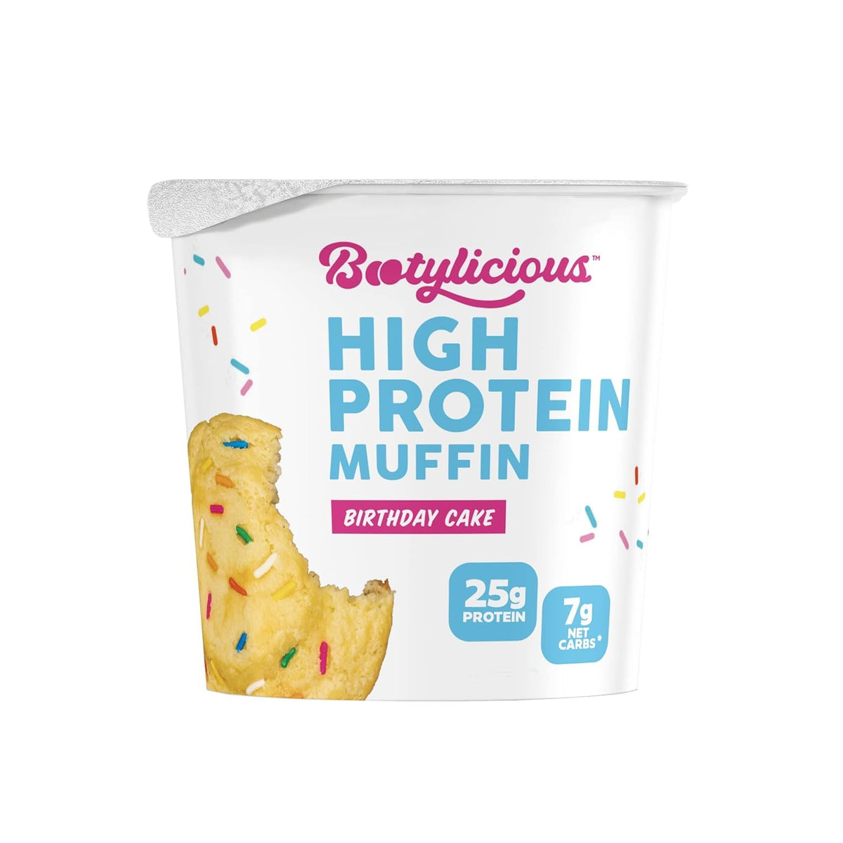 Bootylicious Birthday Cake high protein muffin cup front