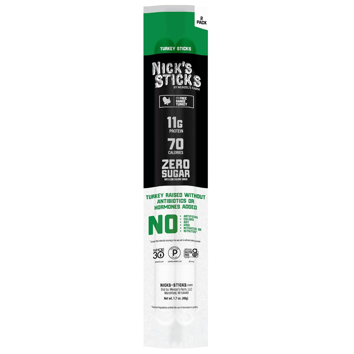 A vertical package of Nick's Sticks turkey sticks features bold text highlighting 11g protein, 70 calories, zero sugar, and claims of no antibiotics or hormones, with a green and black design.