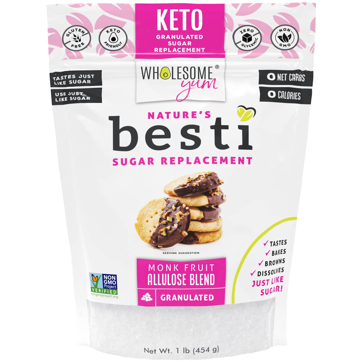 A package of Wholesome Yum's Besti granulated sugar replacement features a photo of cookies topped with chocolate and nuts, highlighting its keto-friendly and gluten-free attributes.