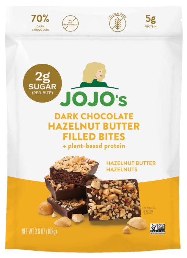 JoJo's Dark Chocolate Bites + Plant Based Protein, 3.6 oz - Hazelnut Butter Filled