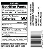 A nutrition facts label displays serving size, calorie count, and ingredient information for a product containing maltitol syrup, natural maple flavor, and caramel color, with 16 servings per container.