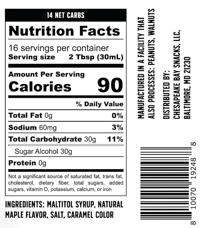 A nutrition facts label displays serving size, calorie count, and ingredient information for a product containing maltitol syrup, natural maple flavor, and caramel color, with 16 servings per container.