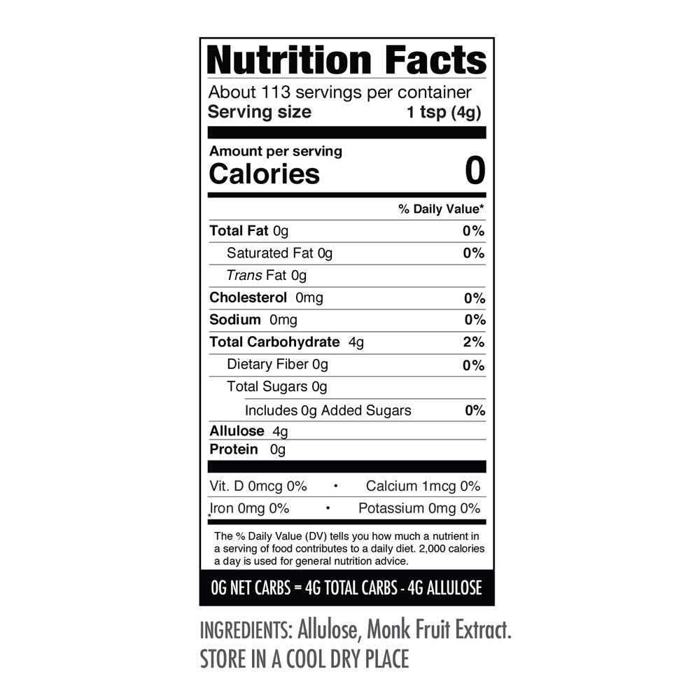Nutrition facts label displaying serving size, calories, and nutrient information for a product containing allulose and monk fruit extract, with storage instructions at the bottom.