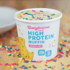 Prepared Bootylicious Birthday Cake muffin in its cup with colorful sprinkles