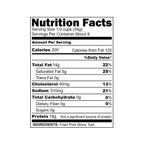 A nutrition facts label displays serving size, calories, and nutrient content for fried pork skins, highlighting total fat, cholesterol, sodium, and protein information.