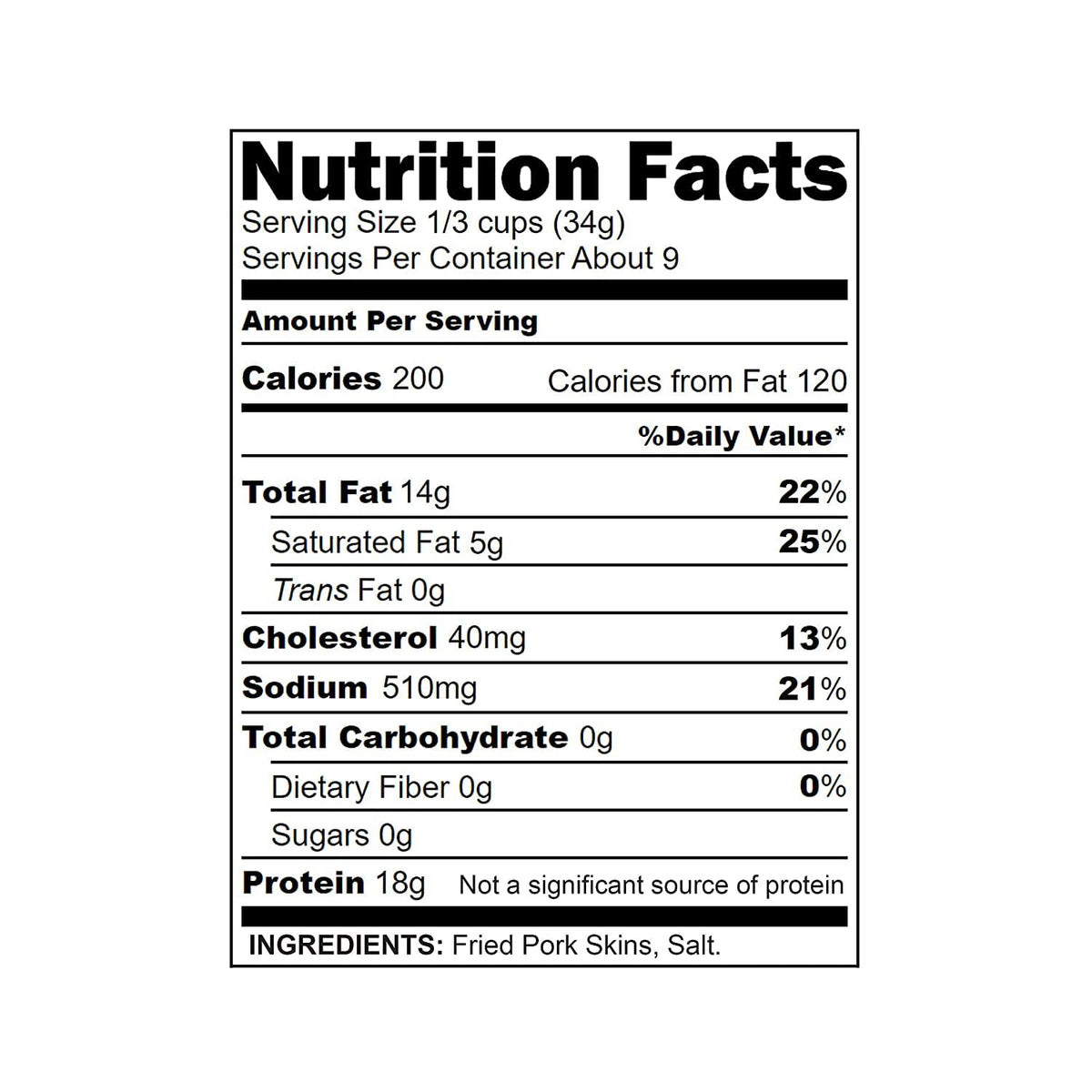 A nutrition facts label displays serving size, calories, and nutrient content for fried pork skins, highlighting total fat, cholesterol, sodium, and protein information.