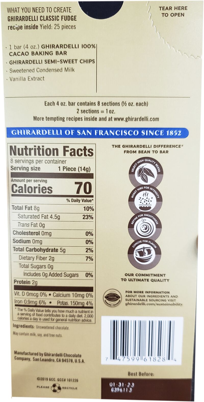 Ghirardelli 100% Cacao Unsweetened Chocolate Bar - 4 oz.