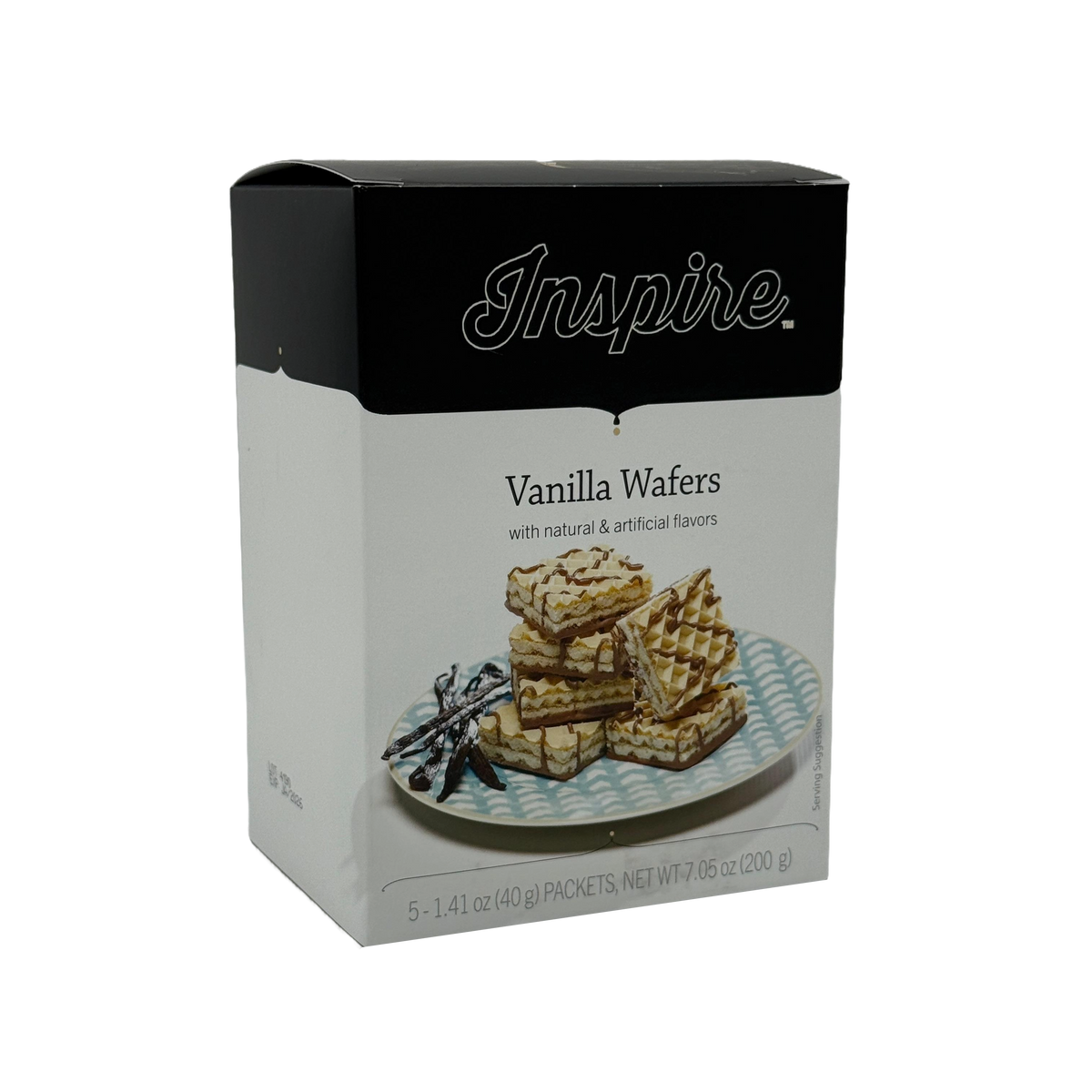 A box of Inspire Vanilla Wafers, featuring a stack of wafers on a decorative plate, is displayed with text highlighting natural and artificial flavors, and includes five individual packets.