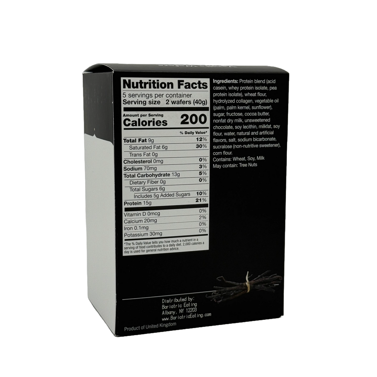 A black box displaying nutrition facts for a protein wafer product, highlighting serving size, calories, and ingredient details, with a focus on protein content and allergens.