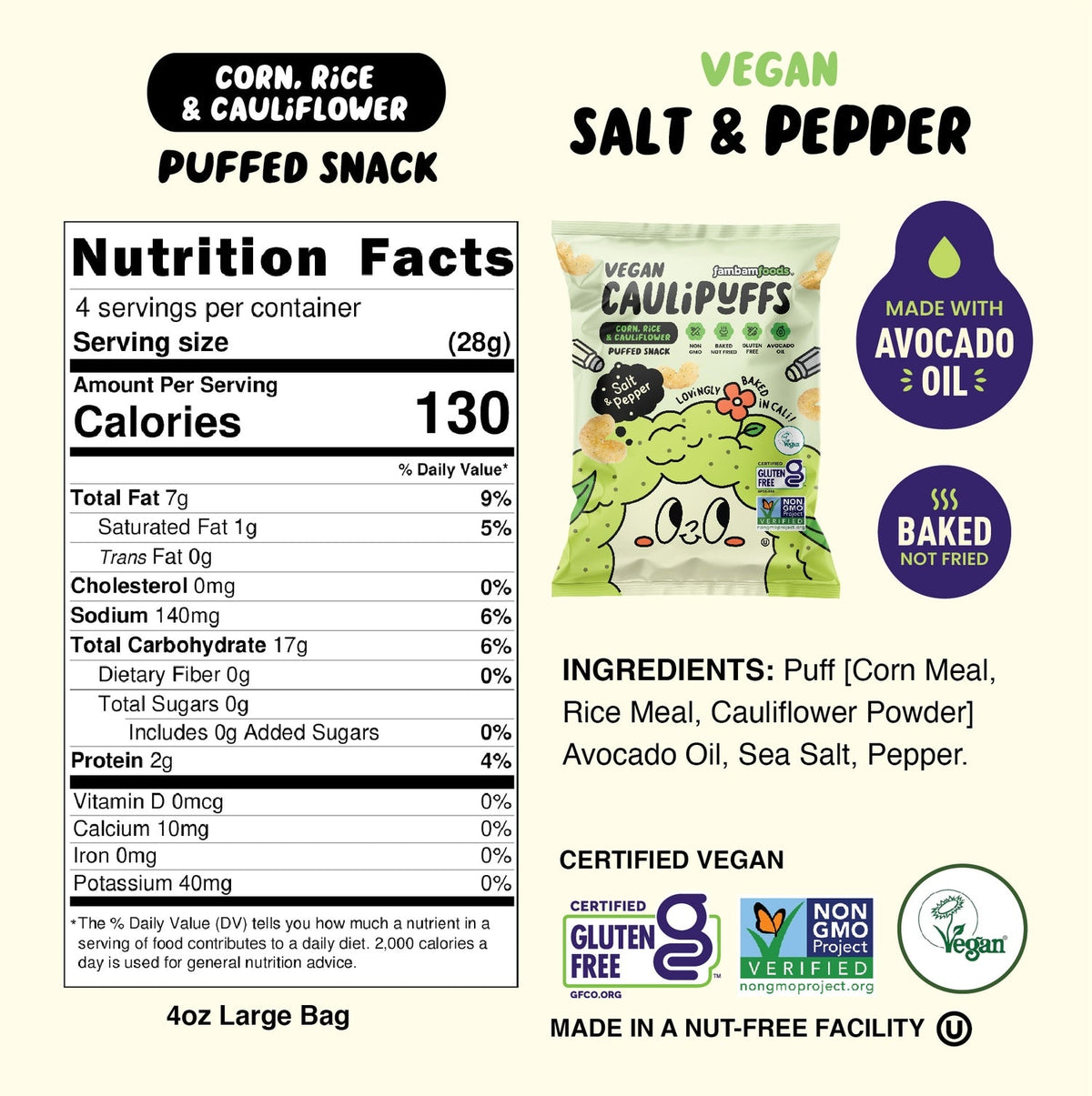 CauliPuffs Gluten Free Cauliflower Puffed Snacks - Vegan Salt & Pepper
