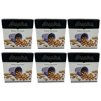 Six boxes of Inspire Peanut Soy Snacks are arranged in two rows, each featuring a purple cup spilling snacks and labeled with product details, emphasizing their natural flavors.
