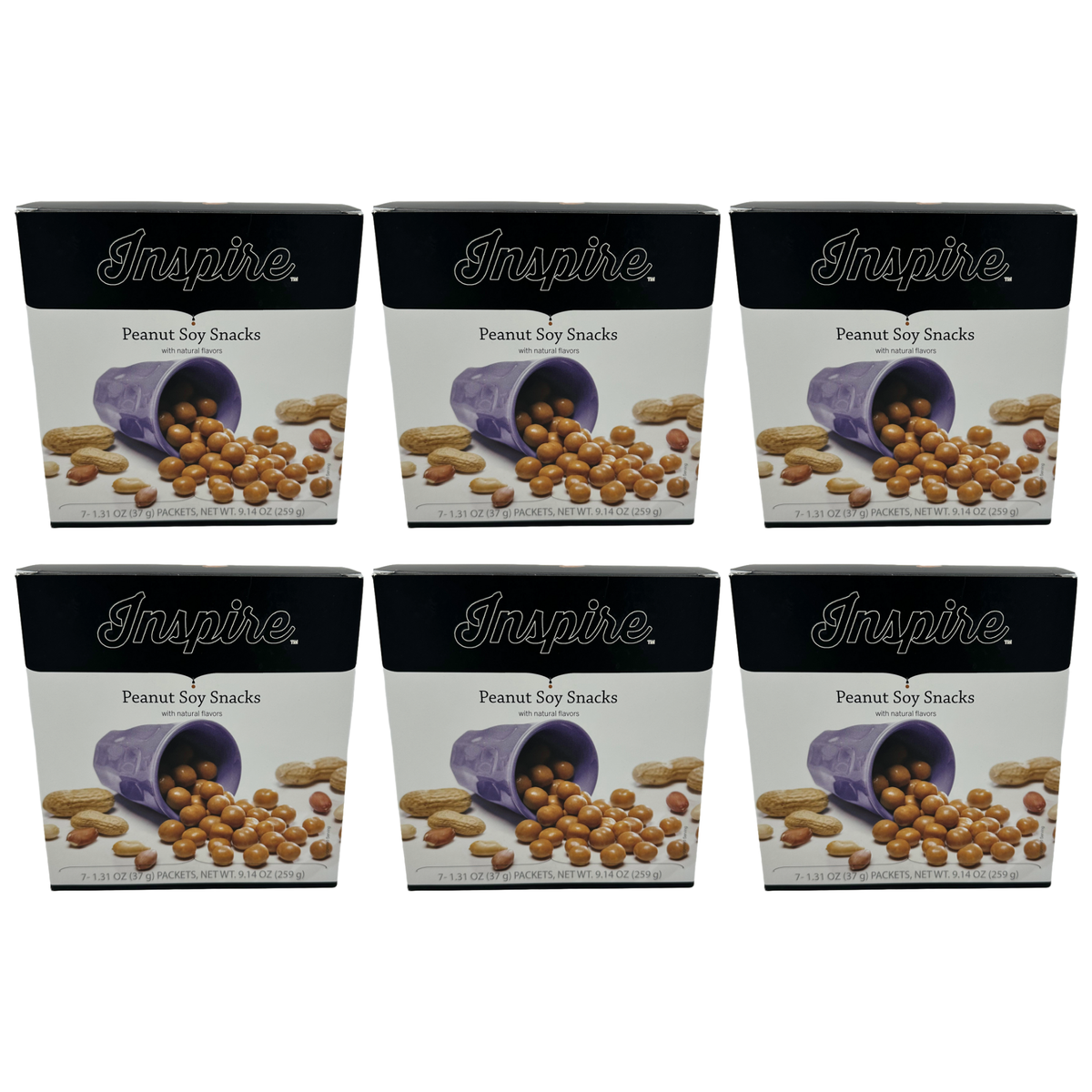 Six boxes of Inspire Peanut Soy Snacks are arranged in two rows, each featuring a purple cup spilling snacks and labeled with product details, emphasizing their natural flavors.
