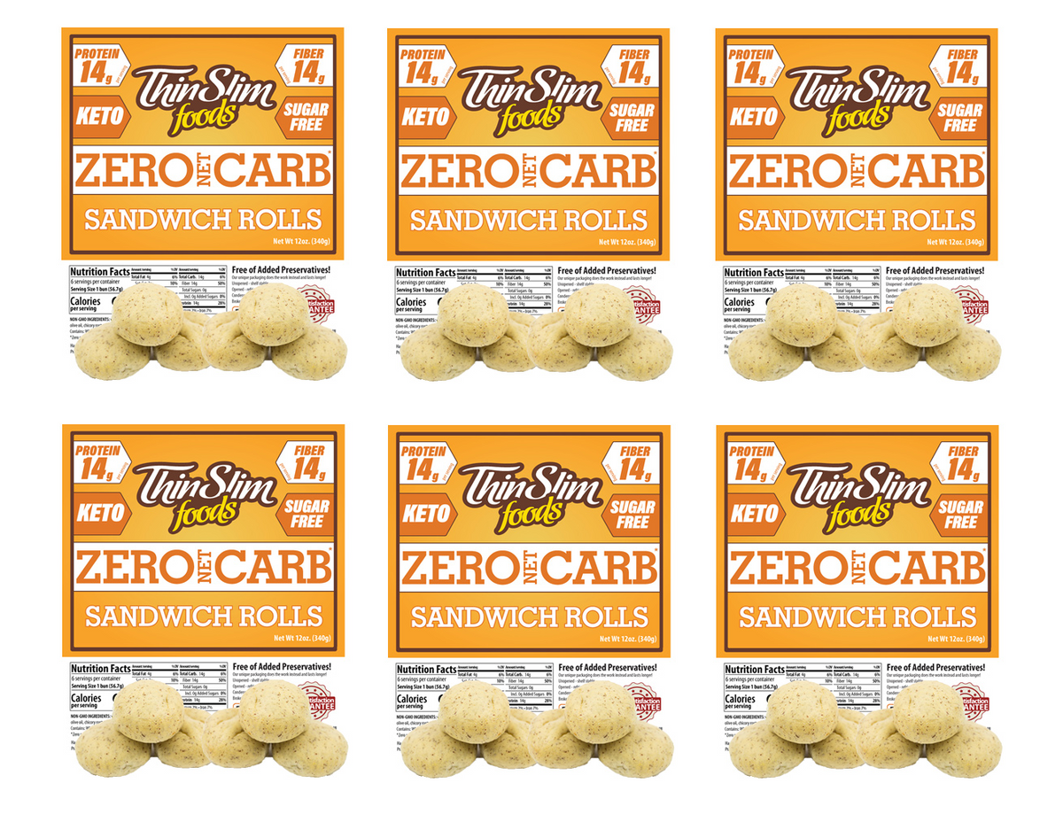 Six ThinSlim Foods Zero Net Carb Sandwich Rolls labels with rolls.