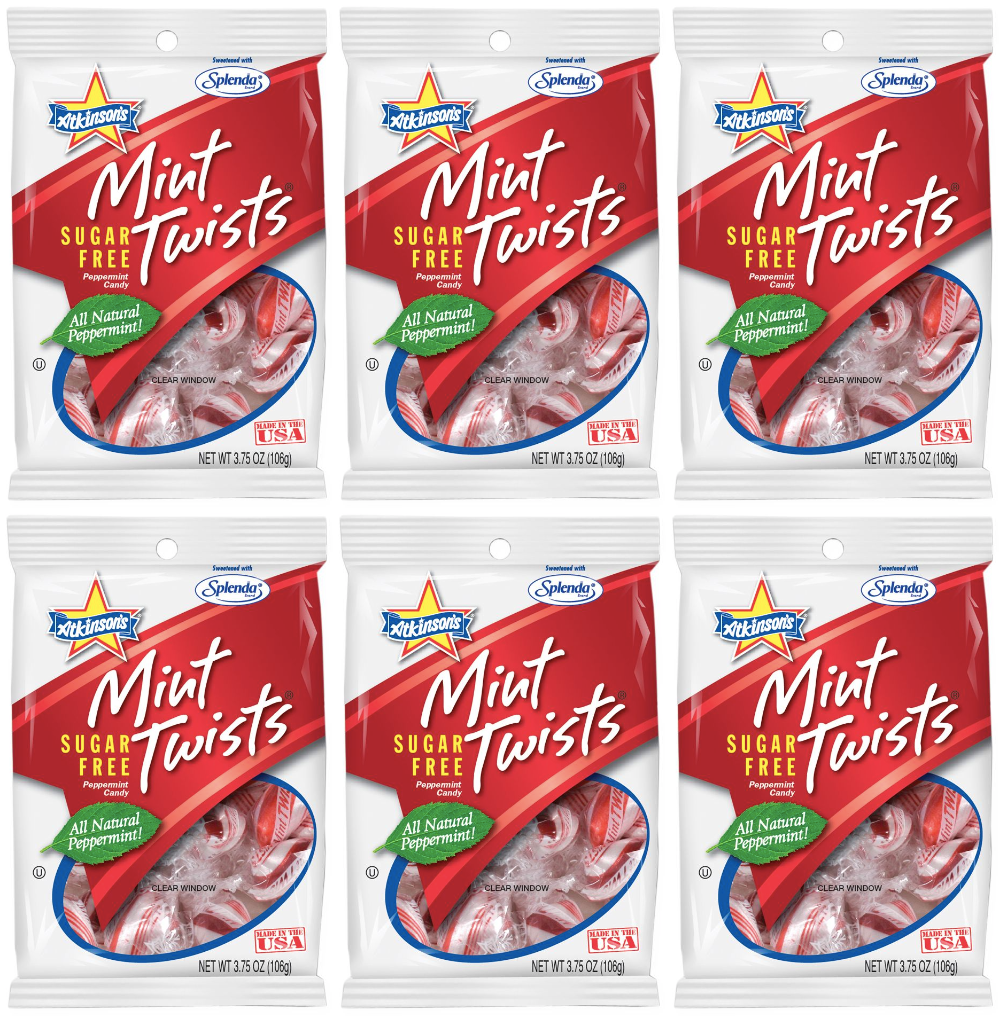 Atkinson's Sugar Free Mint Twists Candy 3.75 oz. bag - 6-Pack
