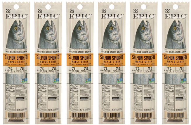Six packages of EPIC Salmon Smoked Maple Strips are lined up, each featuring a fish graphic, product name, and nutritional information, highlighting their wild-caught salmon and high protein content.