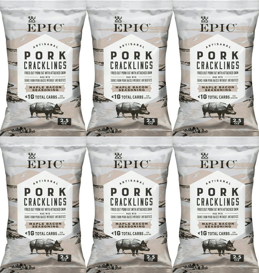 Six bags of EPIC Artisanal Pork Cracklings with maple bacon seasoning are displayed, each featuring a design that includes a wild boar and information about low total carbs.