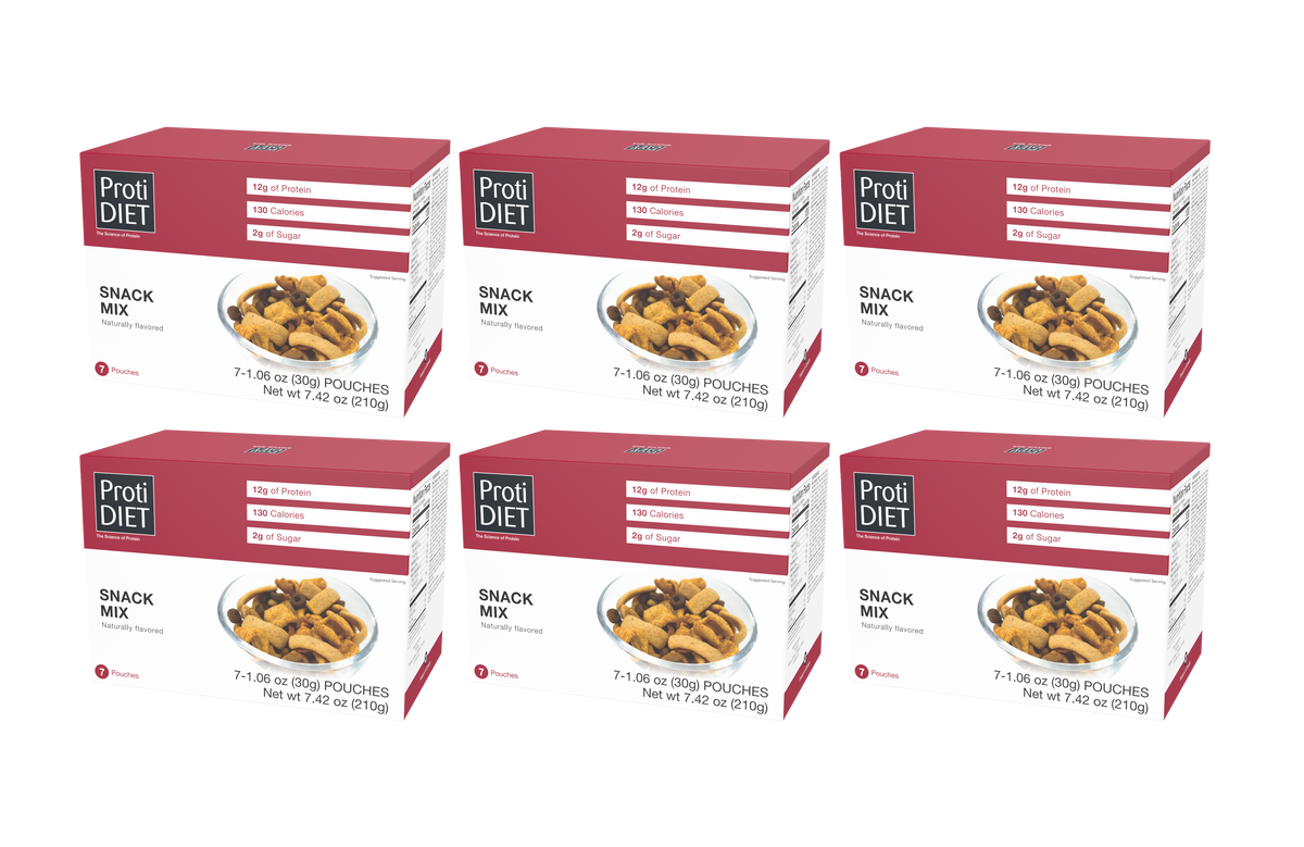 Six boxes of ProtiDIET Snack Mix are arranged together, each featuring a bowl of snack mix on the front, highlighting 12 grams of protein, 130 calories, and 2 grams of sugar per serving.