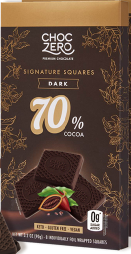 Front package of ChocZero Chocolate Squares, Dark Chocolate, 70%, 3.2 oz