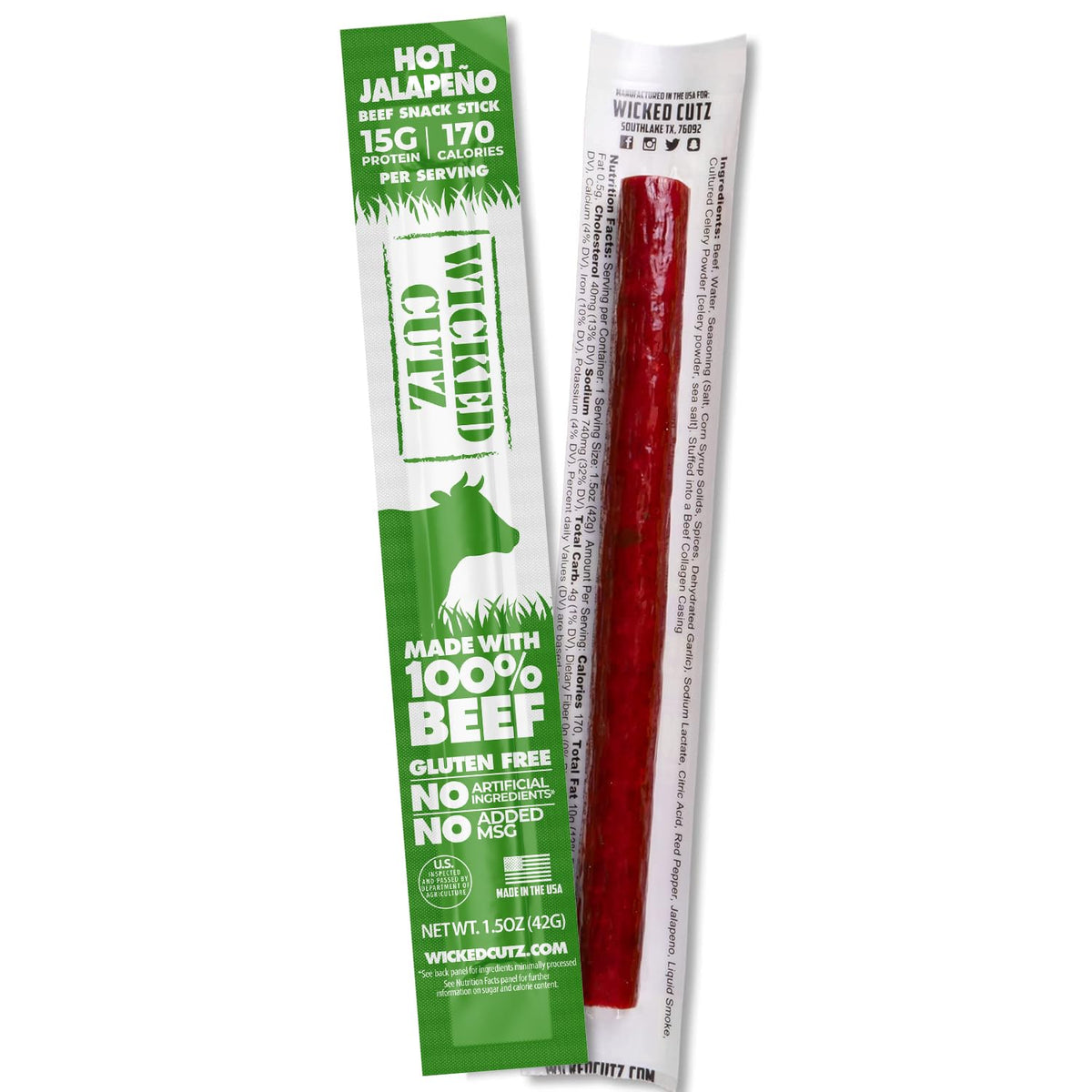 A hot jalapeño beef snack stick is displayed in its packaging, highlighting that it contains 15g of protein, is gluten-free, and made with 100% beef, from the brand Wicked Cutz.