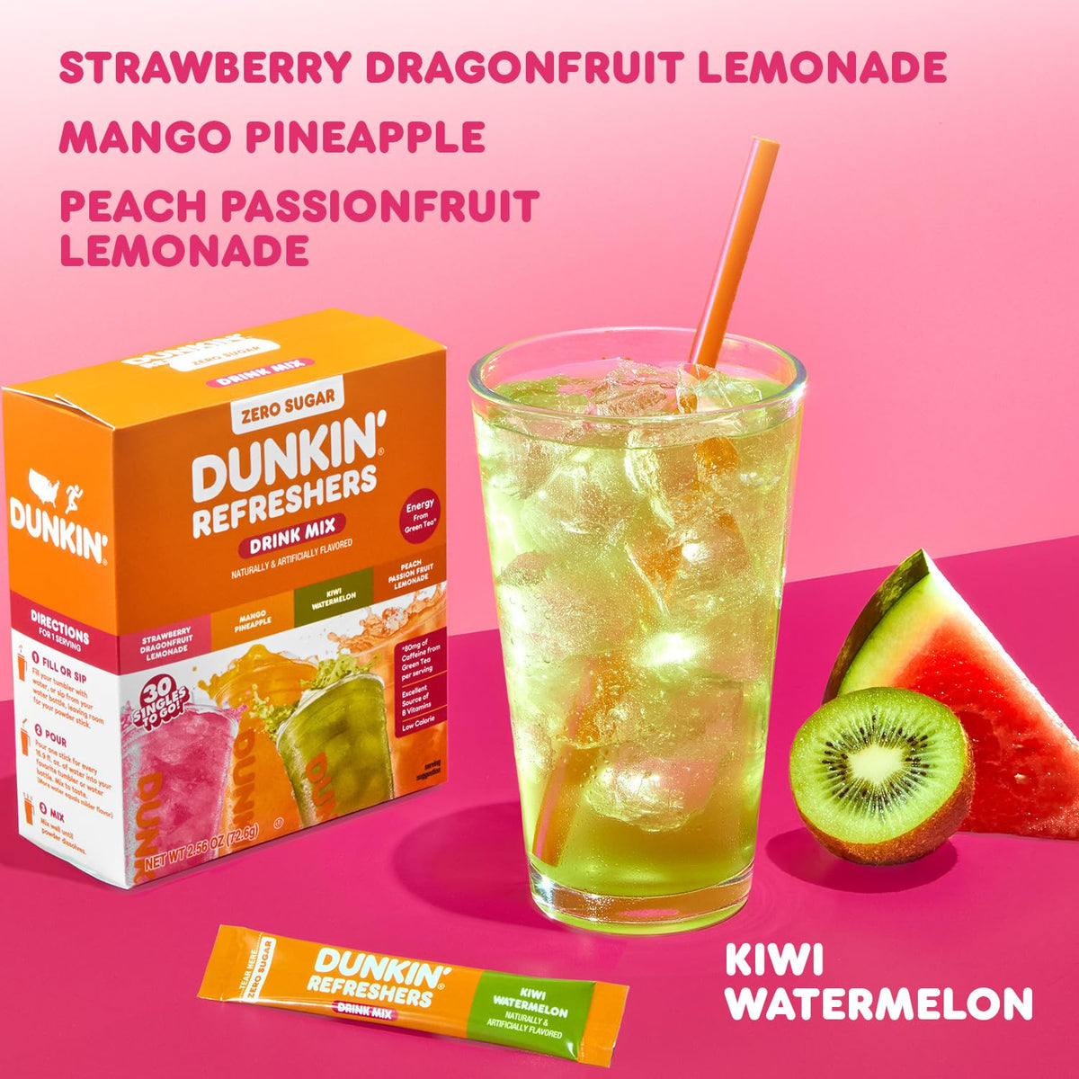 Green Dunkin Refresher with the variety box and fruit on a pink background